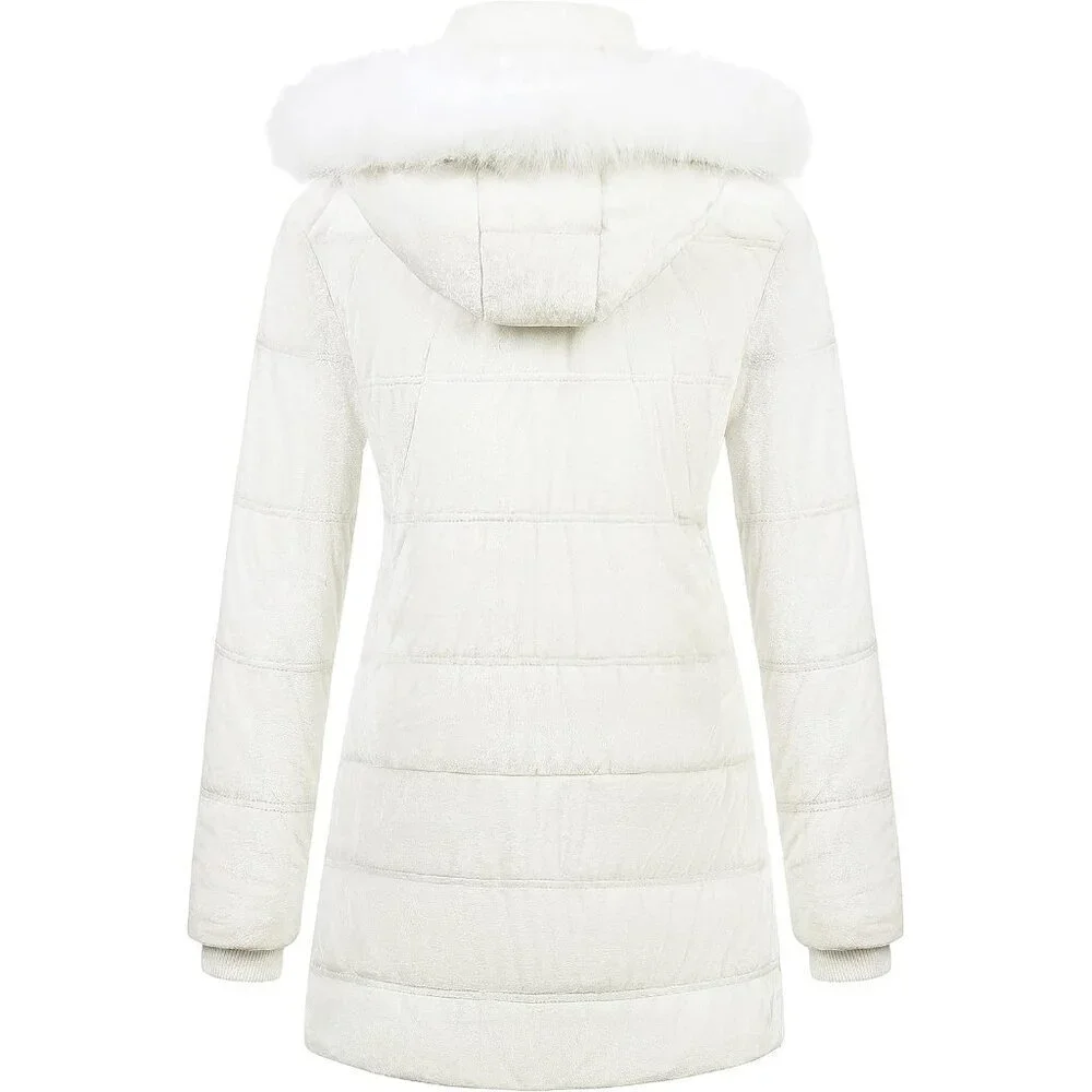 Women's Cream White Winter Warm Coat Velvet Quilted Faux Fur Hood Puffer Jacket